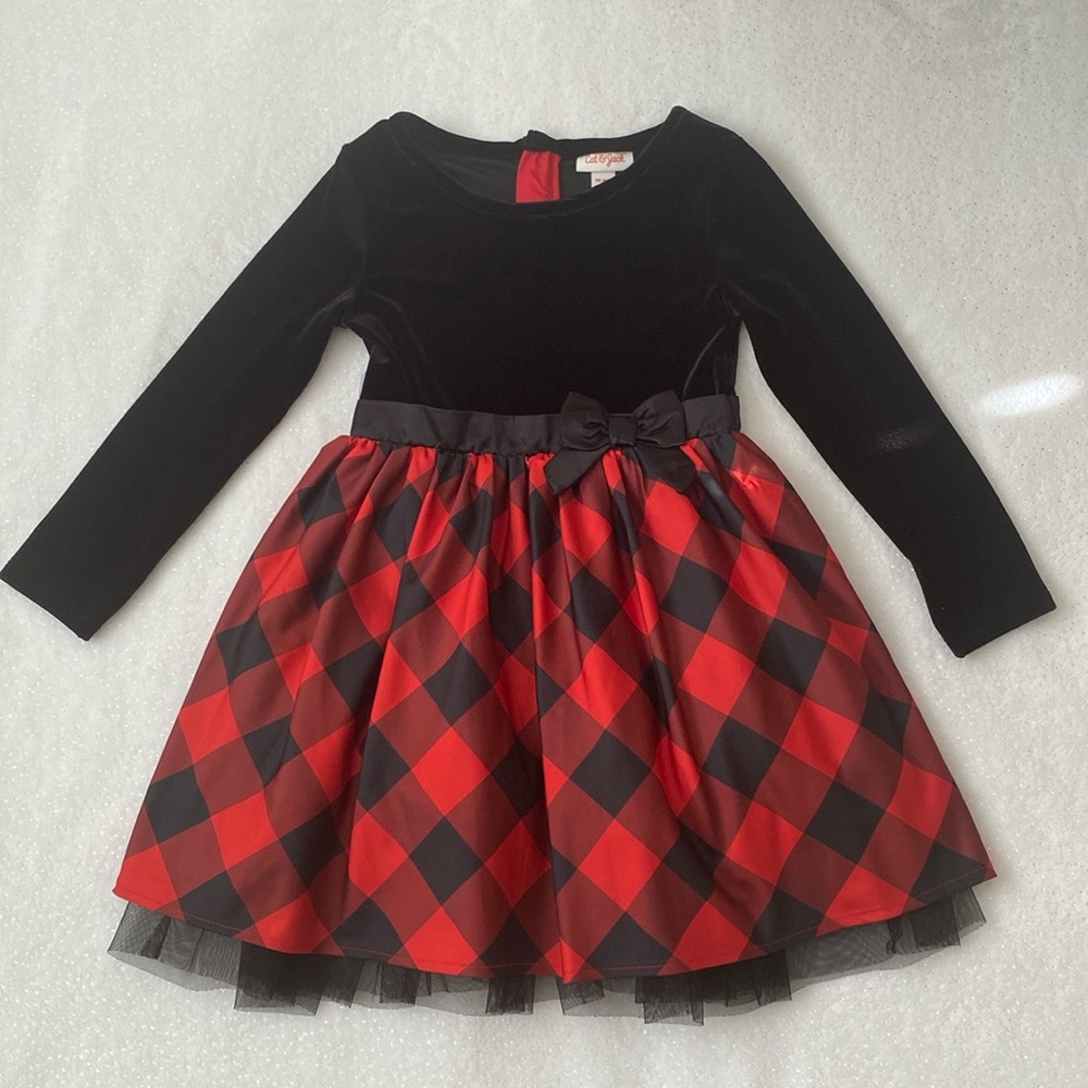 Cat & Jack Girl’s Velour Buffalo Check Long Sleeve Dress in XS (4/5)